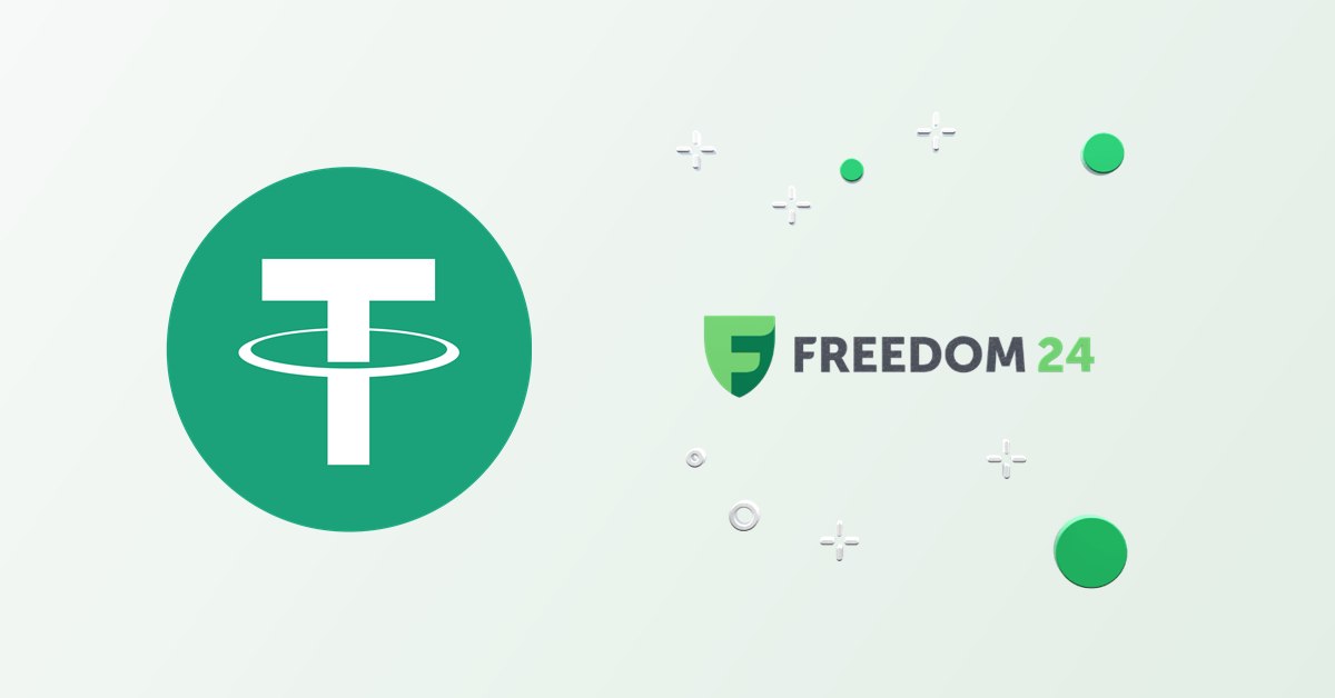 Freedom24 USDT: το λογότυπο του Tether (USDT) δίπλα στο λογότυπο της Freedom24